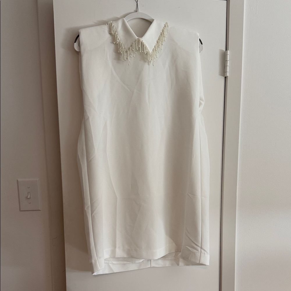Elegant White Sleeveless Dress with Pearl Detail
